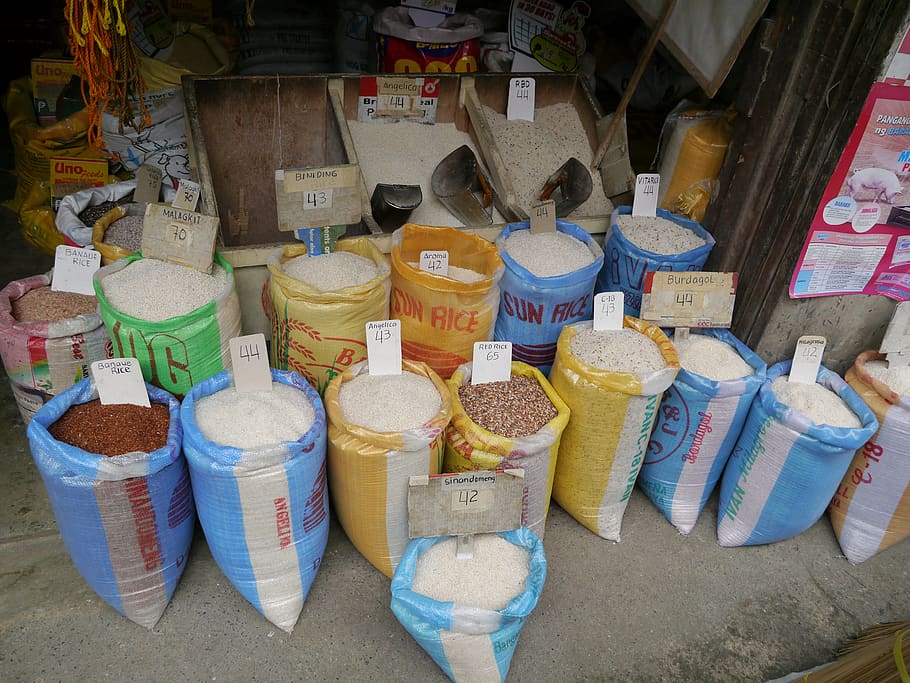 arroz, saco, arroz integral, arroz branco, comida, escolha, à venda, varejo, mercado, variação