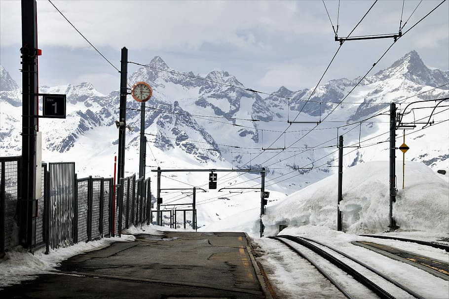 salju, tertutup, jalan, gunung, mendung, langit, zermatt, peron, pegunungan Alpen, tempat menarik