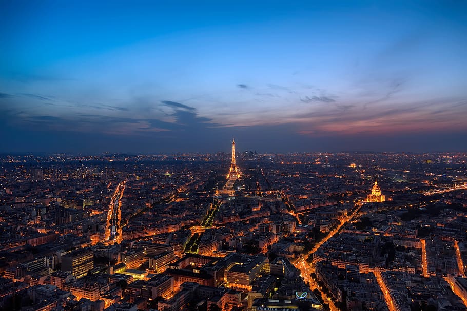 París, aéreo, noche, ciudad, francés, Francia, luces, Torre Eiffel, punto de referencia, viajar