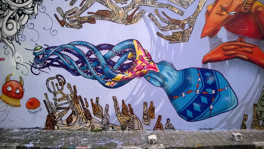 foto de primer plano, arte de pared de criaturas marinas, arte callejero, calle, arte, urbano, intervención, dibujado a mano, gráficos, diseño