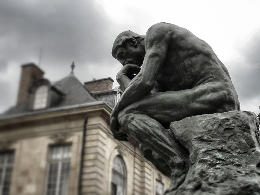 thinking, man statue, the thinker, rodin, paris, sculpture, museum, bronze, france, thinker