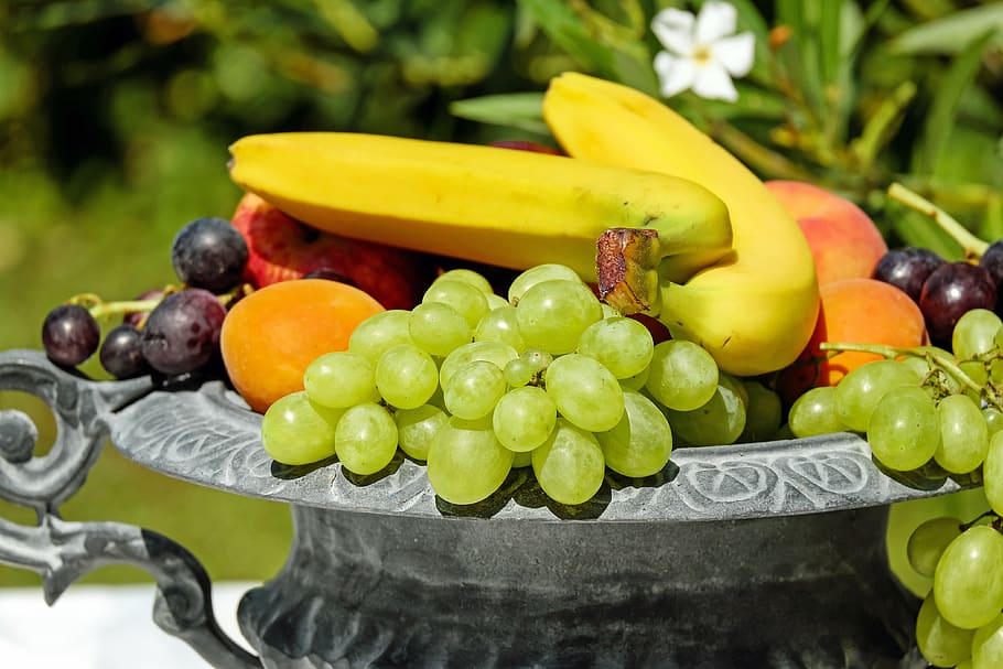 surtido, frutas, gris, recipiente de acero, frutero, cáscara, fruta, vitaminas, frisch, saludable