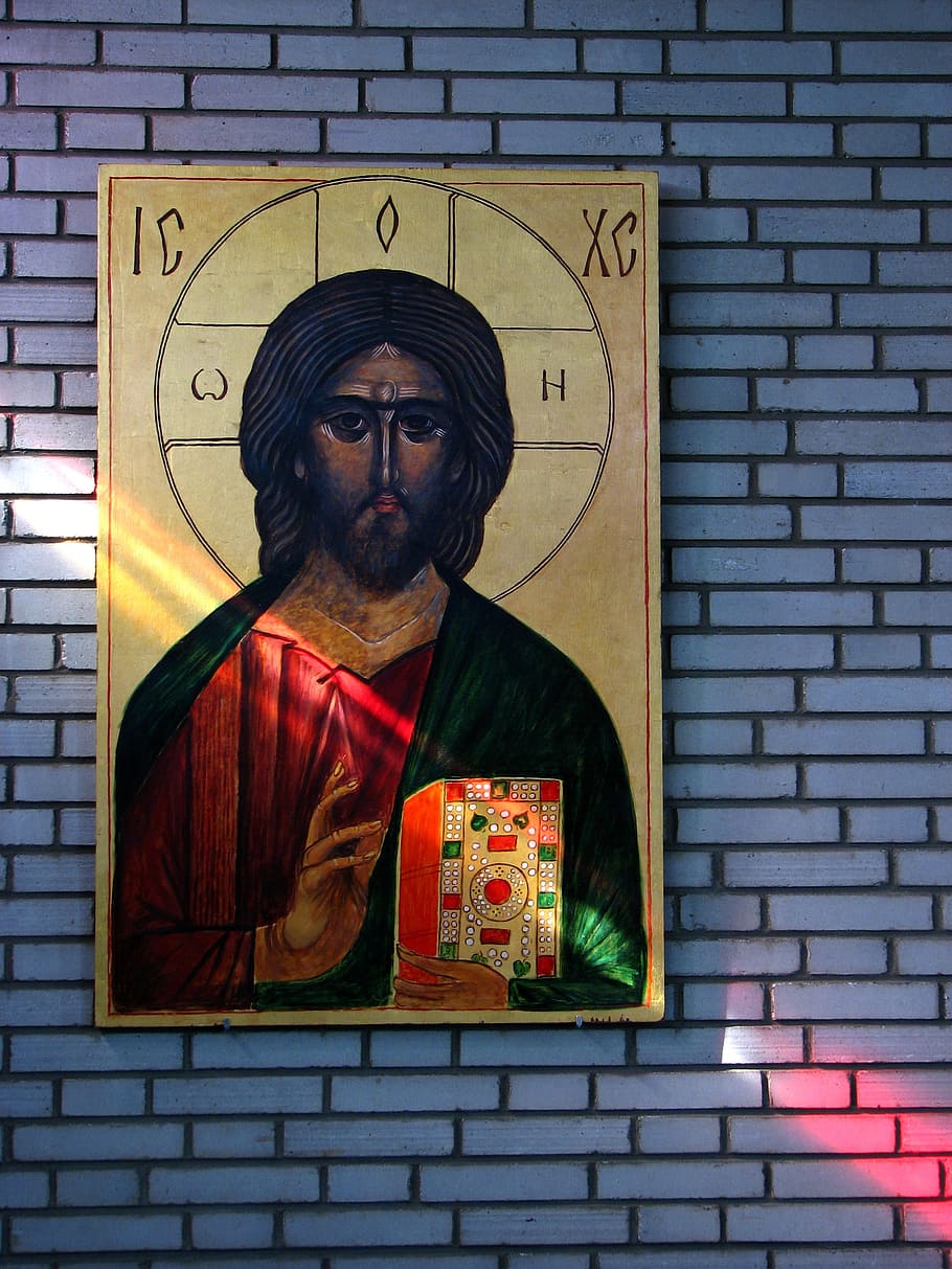 jesus christ painting, mounted, brick wall, christ, religion, jesus, icon, ray of light, colorful, light