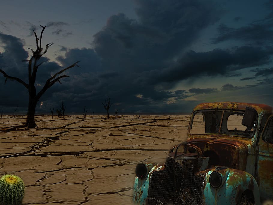 rusty, vehicle, tree, cloudy, sky, desert, clouds, mood, end time, disaster