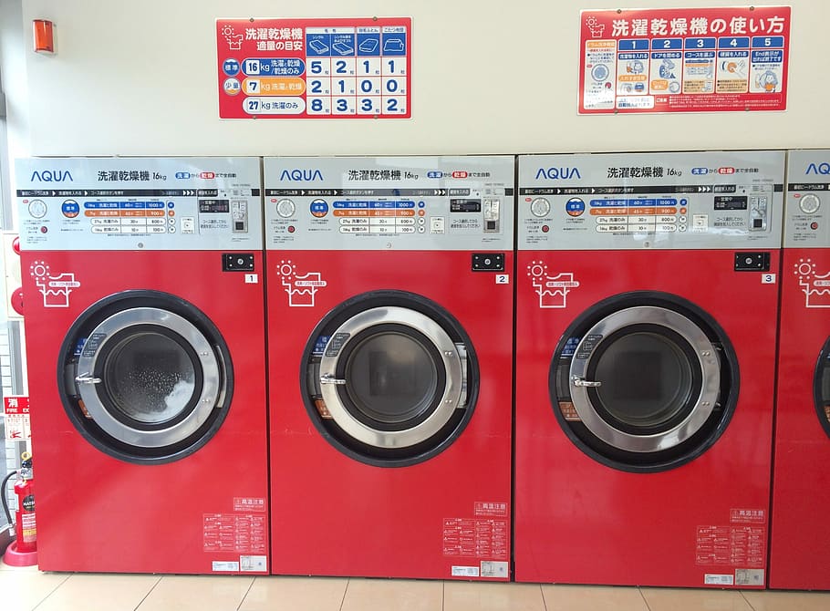Launderette, Dryer, Washing Machine, fully automatic washing machine, machinery, self, red, yellow, yasuura, yokosuka