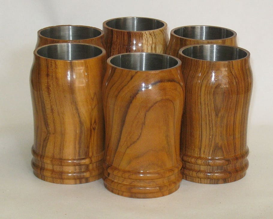 wooden, tumbler, glass, cup, wood, tableware, indoors, wood - material, side by side, variation