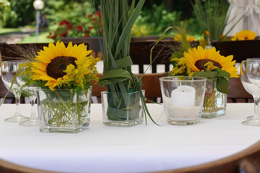 Rangkaian Bunga, Deco, Bunga, dekorasi meja, bunga matahari, meja, restoran, dekorasi, keanggunan, piring