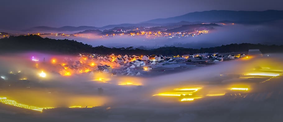night, fog, city, night lights, early in the morning, the light, mountain, sky, environment, scenics - nature