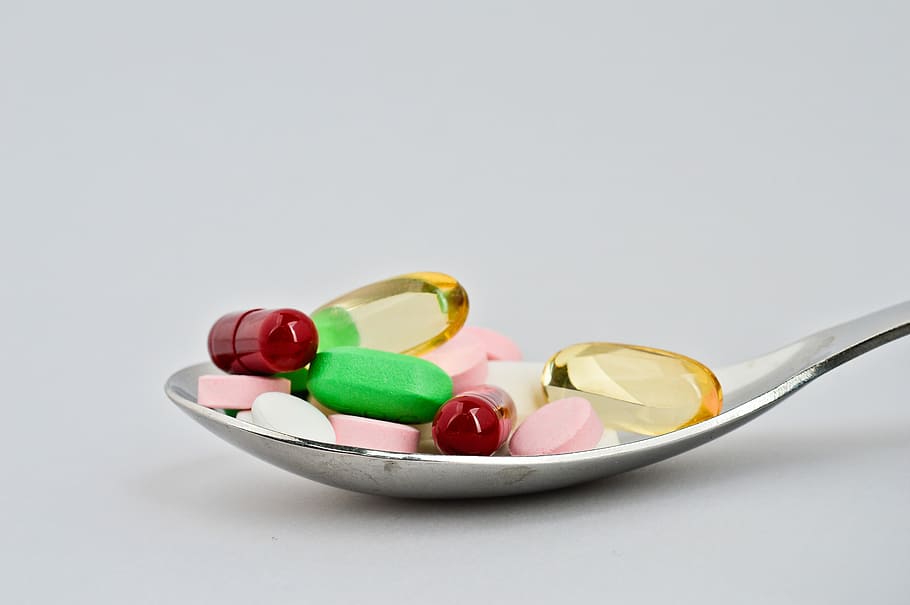 medicine pills, Medicine, Pills, Spoon, public domain, tablets, capsule, pill, healthcare And Medicine, vitamin
