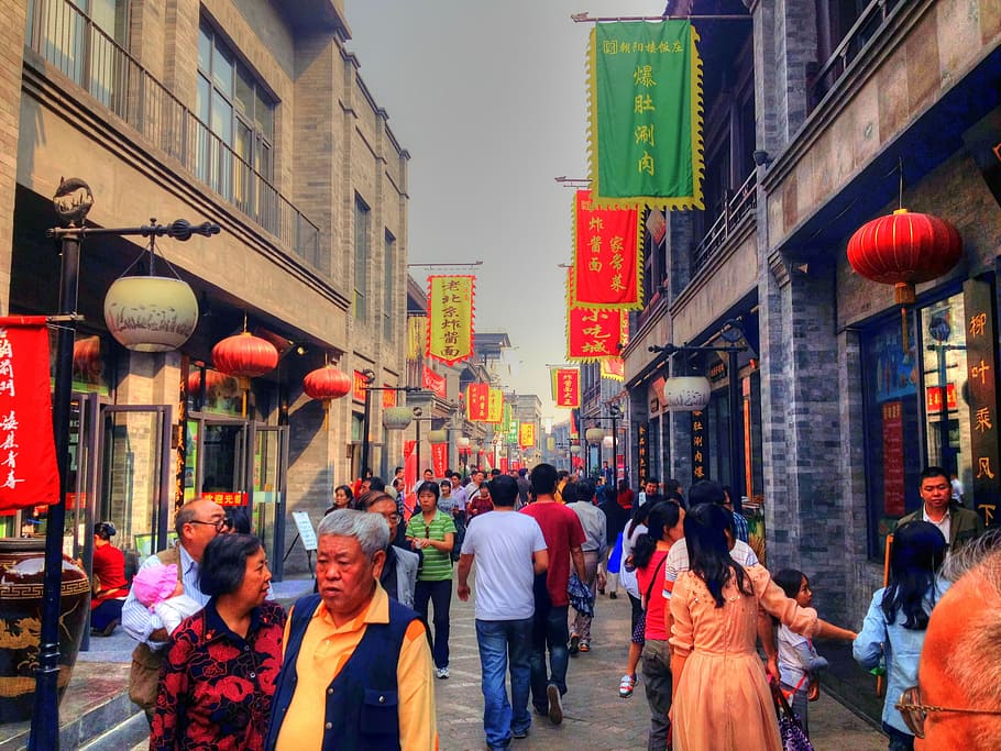 green, yellow, textile, Beijing, Front, Gate, Street, People, front gate, street, people