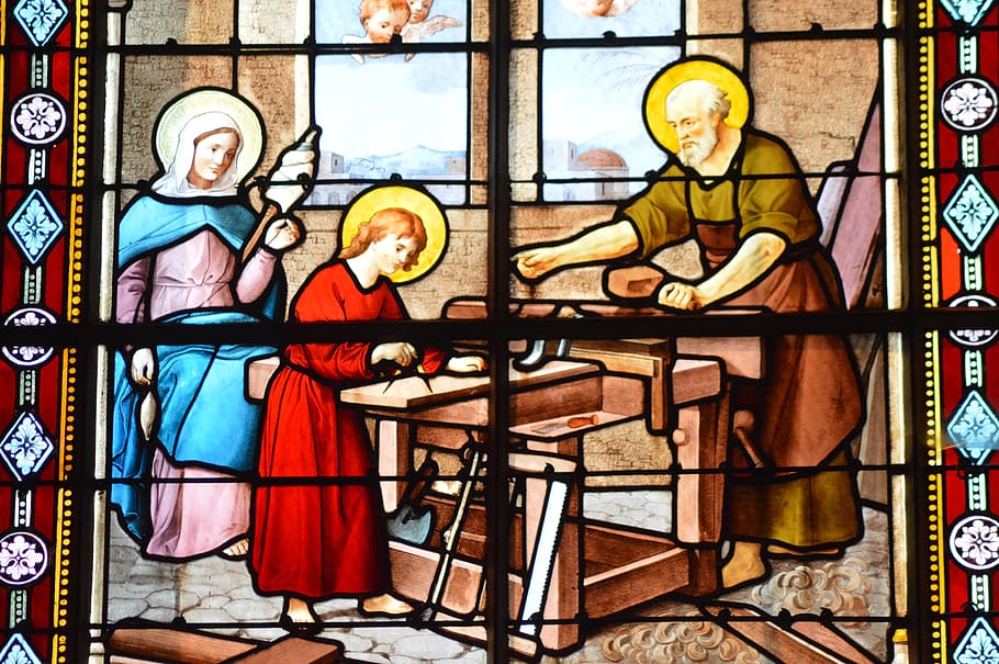 stained glass, church, window, colorful, business, carpenter, jesus, mary, joseph, work