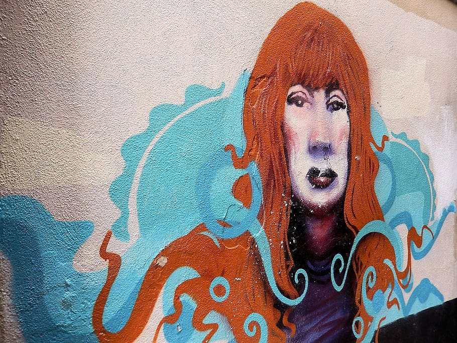 graffiti, art, street, wall, woman, face, vandalism, street art, wall - building feature, one person