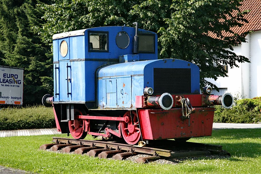 locomotive, train, blue, rail, old, museum context, plant, mode of transportation, land vehicle, tree