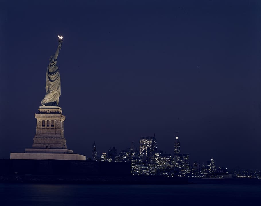 statue, liberty, nighttime, statue of liberty, night, lights, landmark, new york, america, monument