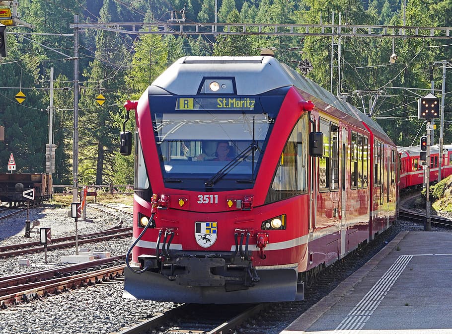 red, gray, train, bernina railway, pontresina, railway station, gateway, regional train, rail- cars, abe 8-12