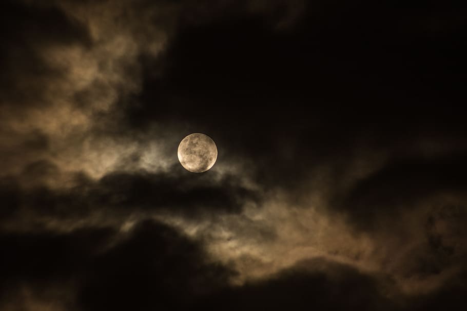 full, moon, surrounded, dark, clouds, dark clouds, cloudy, luna, night, sky