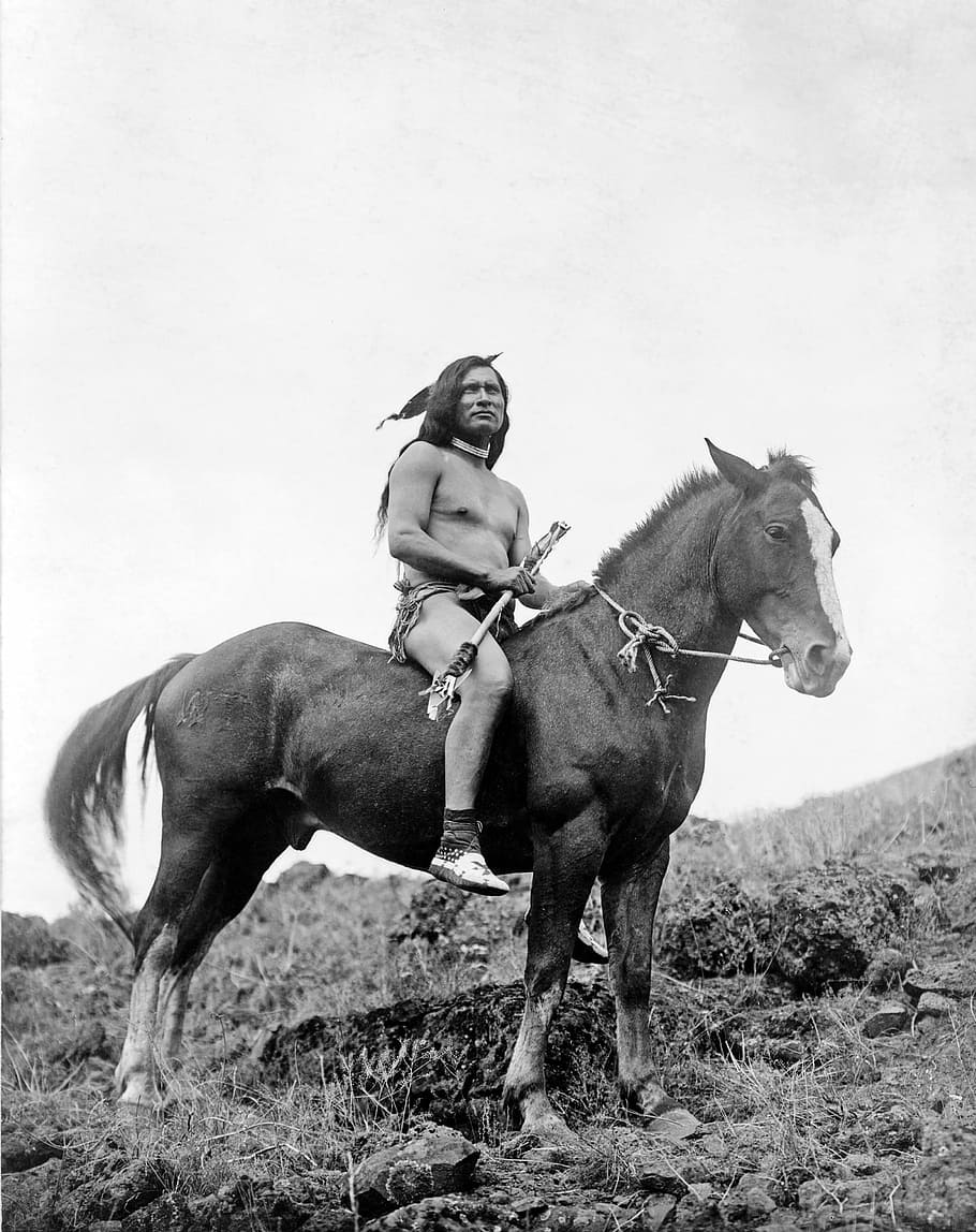 grayscale photo, man, riding, horse, grayscale, riding horse, indians, warrior, reiter, native american