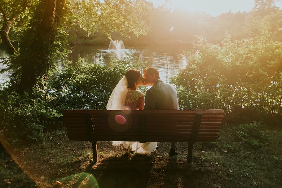 man, woman, kissing, sitting, bench, couple, brown, wooden, marriage, wedding