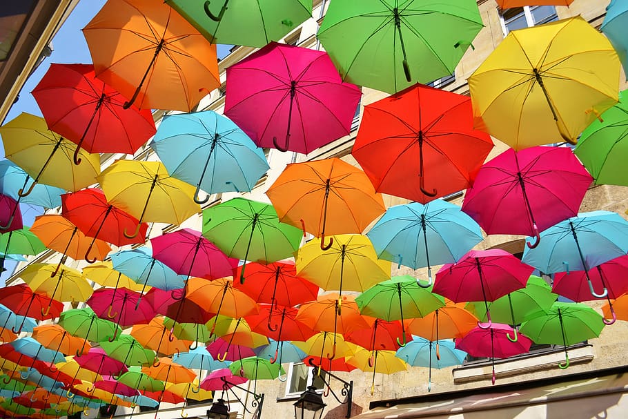 royale desa, payung, warna-warni, paris, perancis, atraksi, tamasya, belanja, warna, berwarna multi