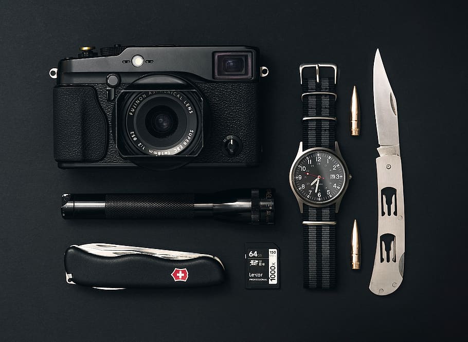 câmera, relógio, faca, canivete, preto, papel de parede, viagem, aventura, kit, caneta