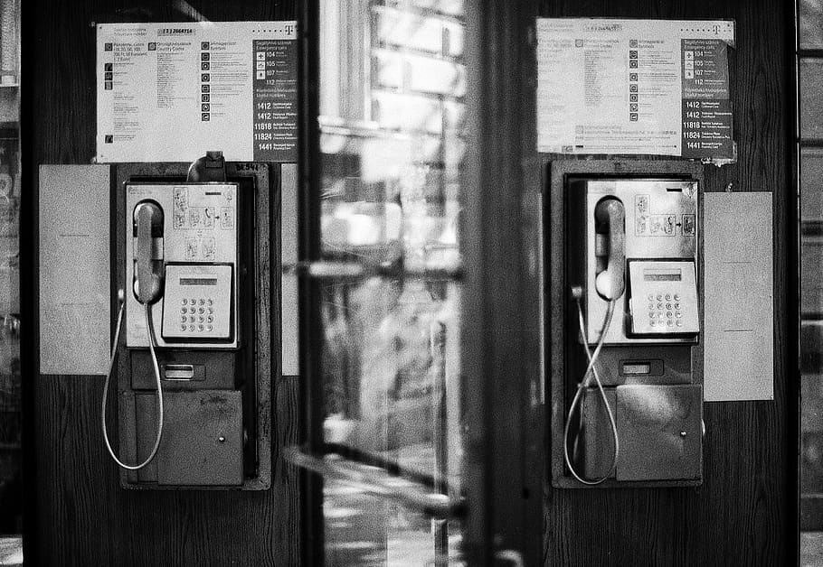 phones, wired, old, unused, telephone, booth, symmetry, technology, pay phone, communication