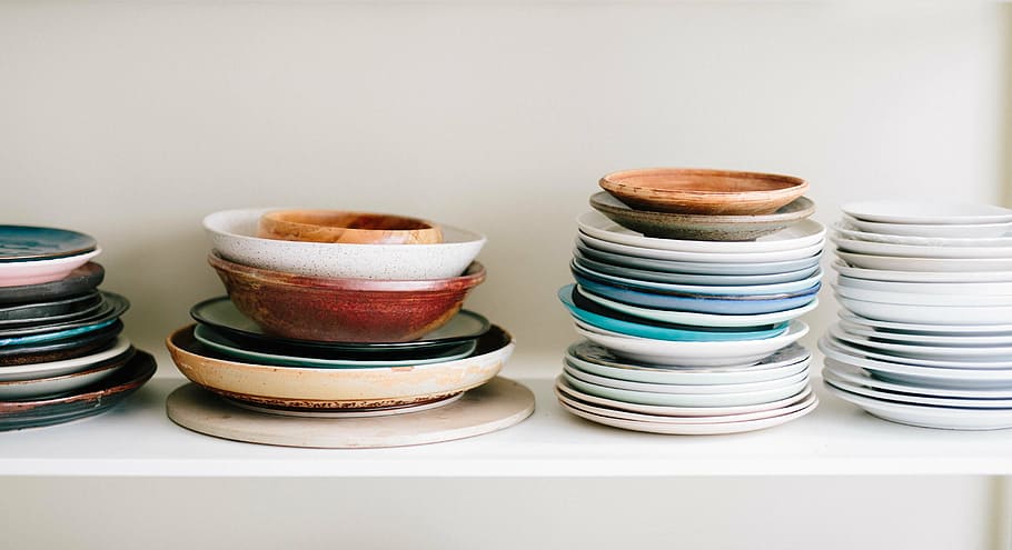 assorted plate lot, plates, utensils, cabinet, bowls, colorful, design, decoration, kitchen, stack