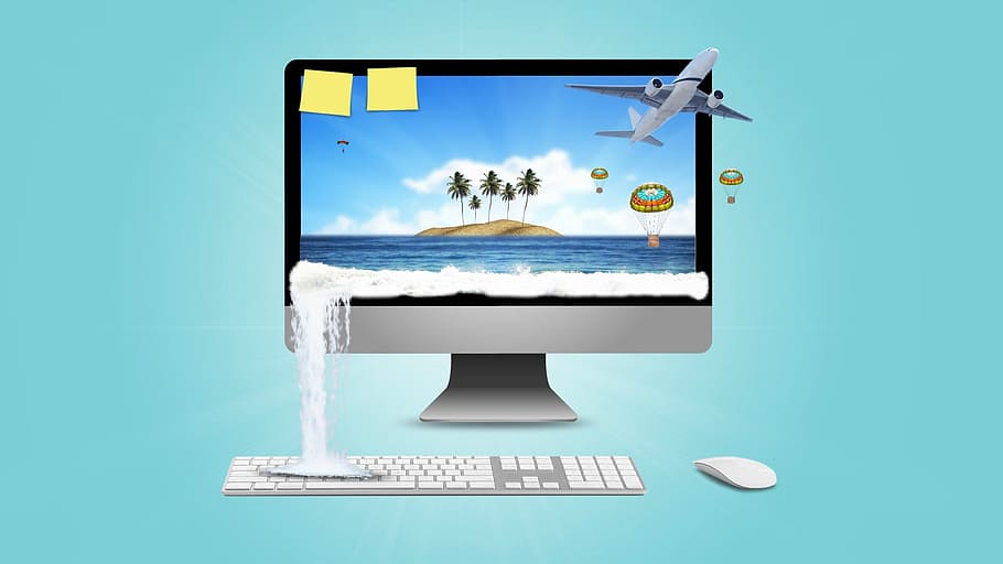 imac, magic keyboard, mouse, vacation, screensaver, beach, work, remote work, tourism, holiday