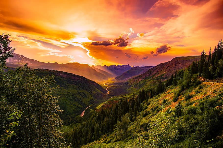 green, trees, mountains, sunset illustration, montana, sunset, dusk, sky, clouds, beautiful