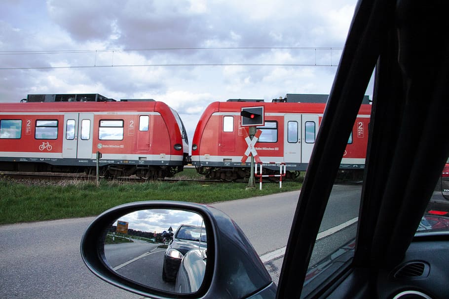 traffic, transport, rear mirror, s bahn, red, train, mobile, travel, connection, level crossing