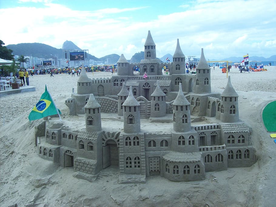 Copacabana, Brazil, Beach, rio, sand sculpture, castle, architecture, built structure, building exterior, day