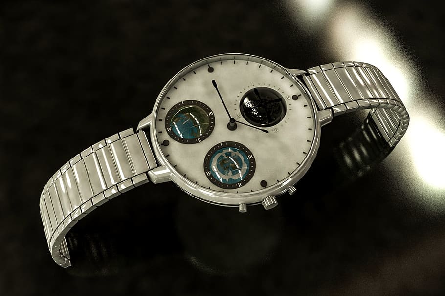 clock, chrome, steel, time, watch, close-up, instrument of time, indoors, metal, wristwatch