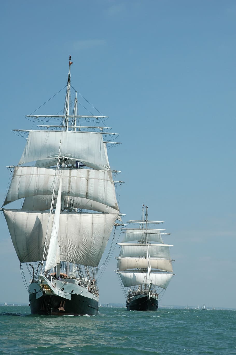white, black, ships, blue, sky photography, ship, tall, vessel, sea, sailing