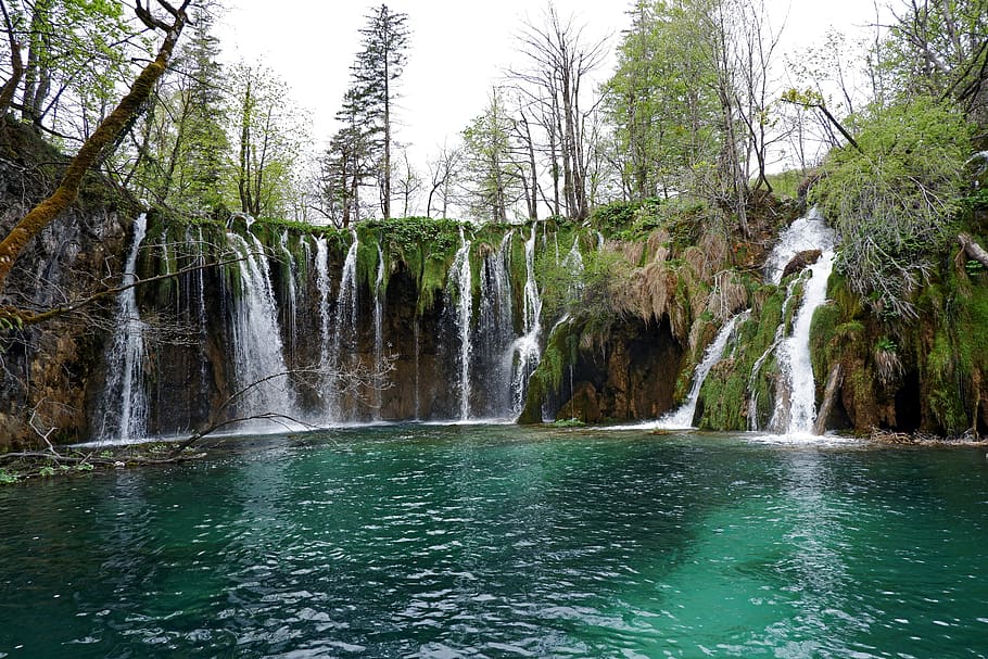 plitvice lakes national park, croatia, lake, waterfall, landscape, sky, forest, travel, water, green