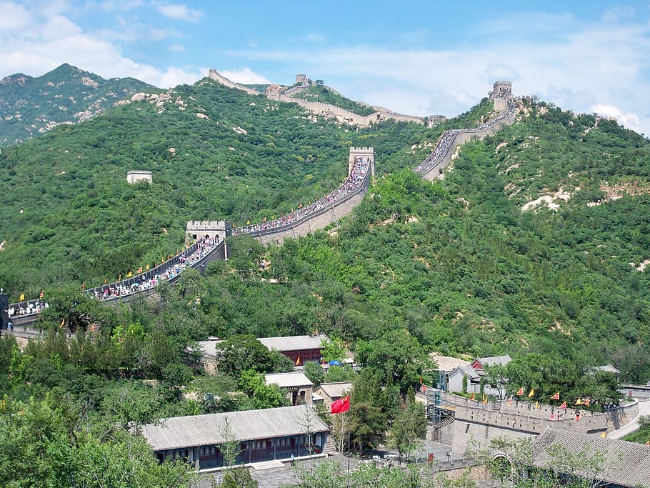 great wall, china, tourism, built structure, architecture, mountain, building exterior, plant, nature, tree