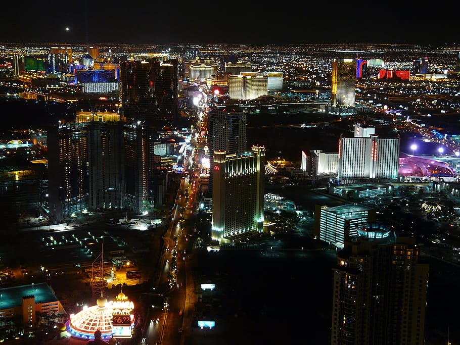 aerial, view photo, lightened, buildings, daytime, Las Vegas, City, Night, Light, Lights, night
