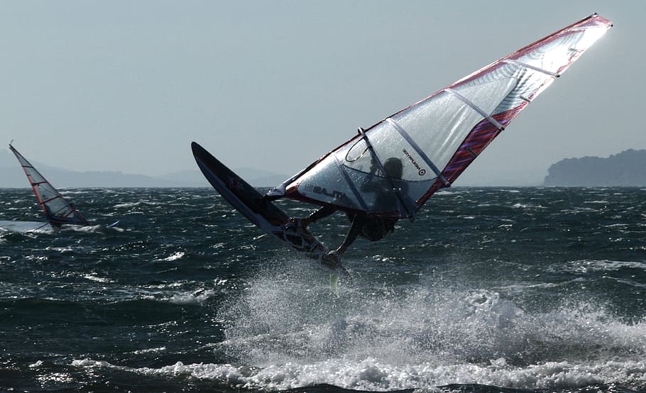 man, riding, sailboard, Windsurfing, Jump, Sport, nautical vessel, sea, transportation, day