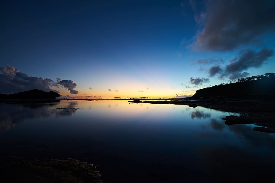morning glow, asahi, sea, sky, mirror surface, island, water, reflection, scenics - nature, tranquility