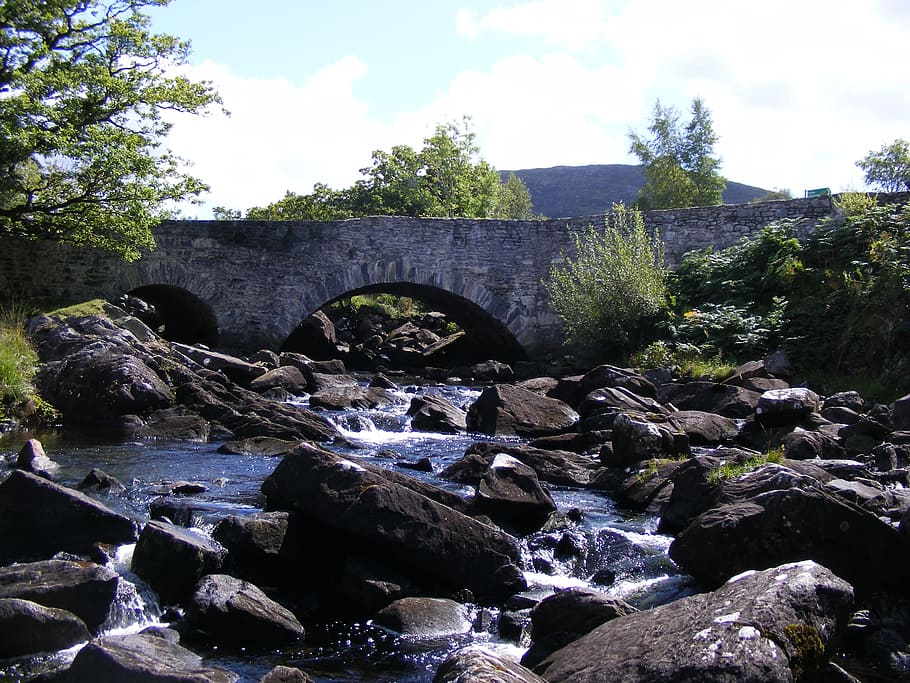 Ponte, pedra, rio, cachoeira, Irlanda, medieval, rústico, ao ar livre, água, ninguém