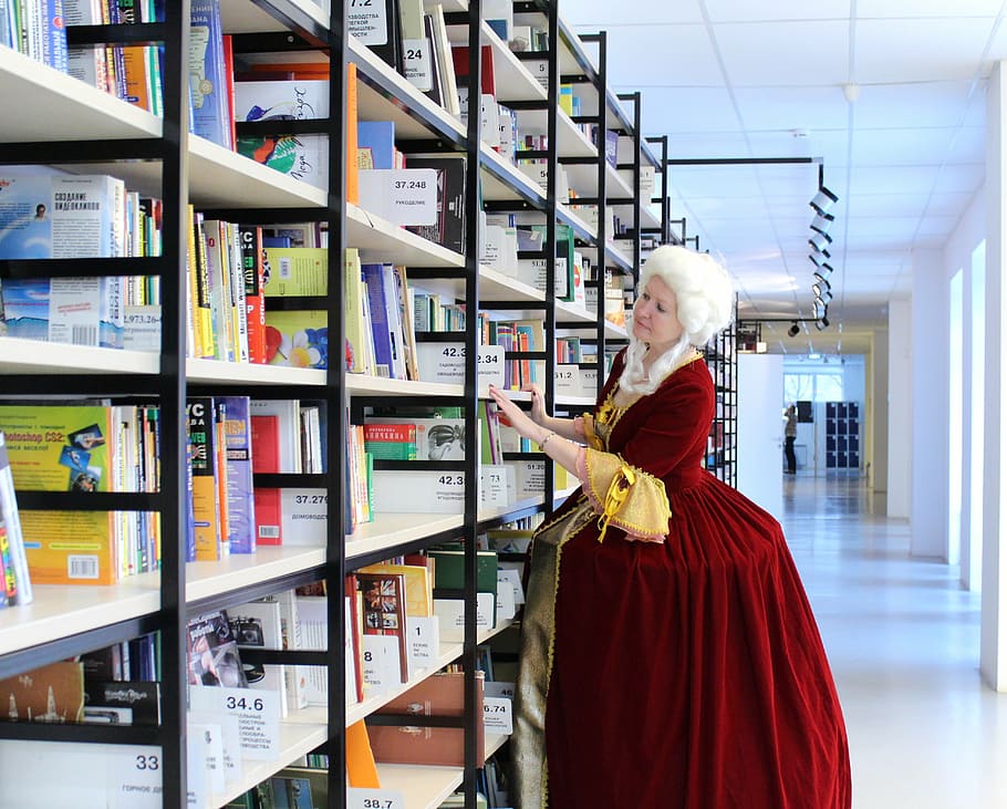 woman, looking, books, library, queen, girl, dress, wig, hairstyle, costume