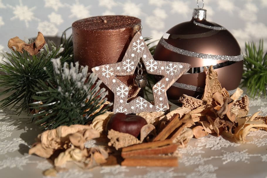 christmas, map, still life, candle, ball, christmas decorations, star, cinnamon stick, december, season