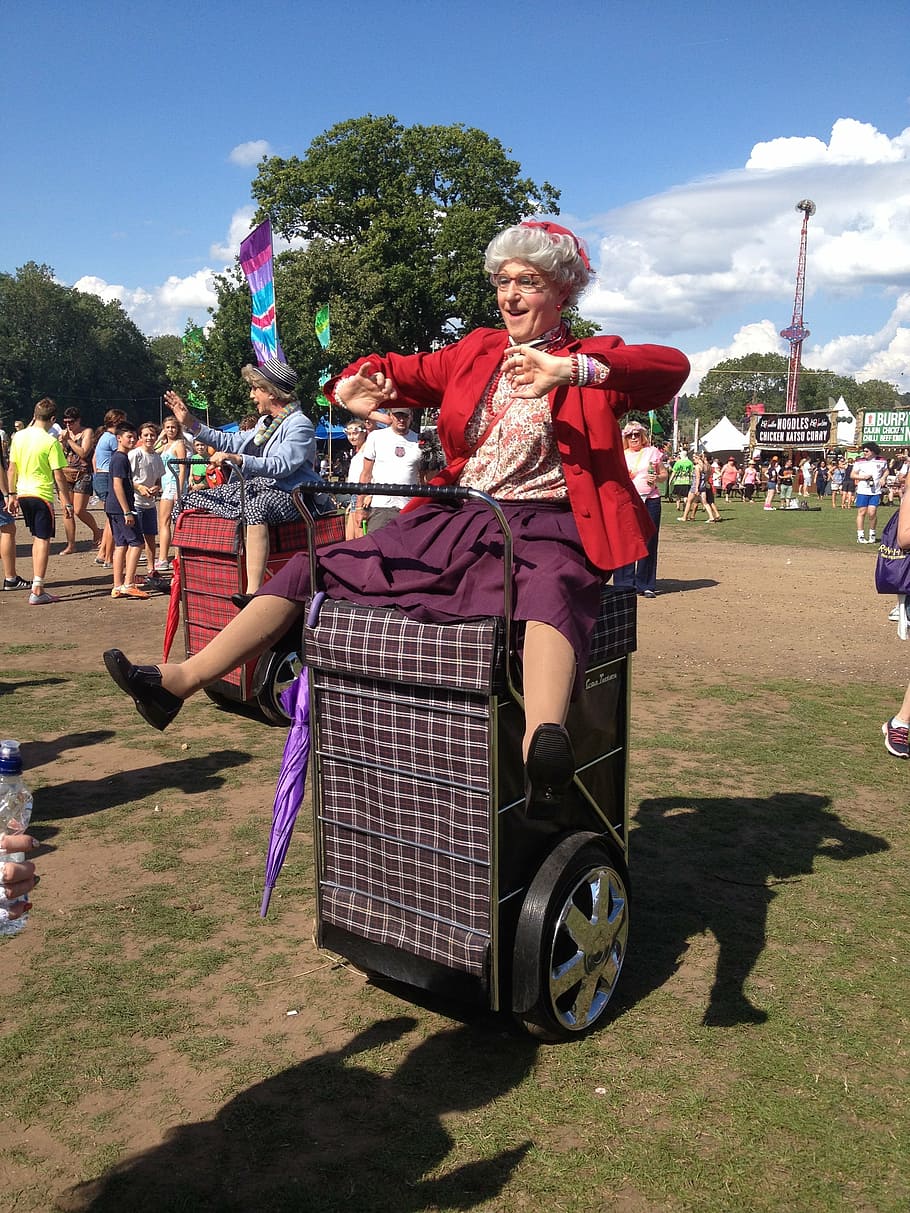rewind festival, old lady, costume, music, fun, summer, parade, countryside, outdoors, adult
