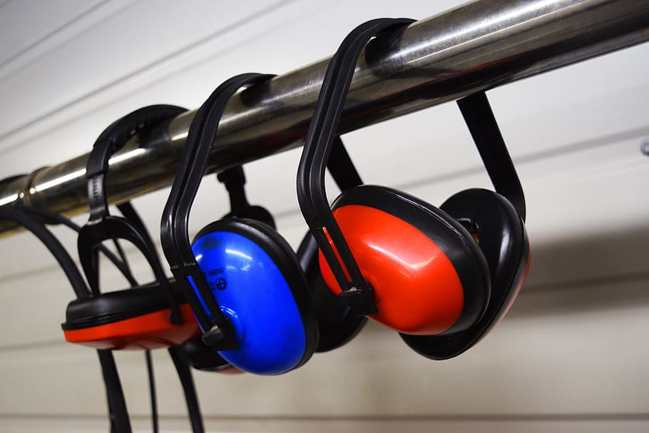dua, merah, satu, biru, headphone peredam bising, penutup telinga, peredam bising, headphone, earphone, industri
