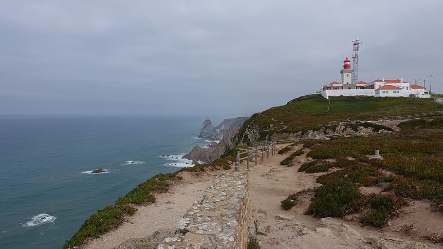 scenery, lands end village, europe the end of, atlantic, horizon, red lighthouse, beach, cliff, cloud, the sea breeze