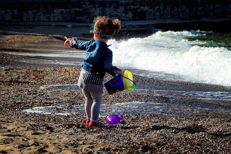 toddler, jacket, holding, bucket, standing, seashore, child, games, sea, children's games
