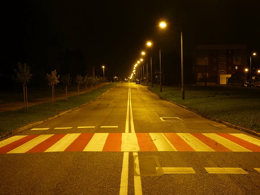 night, street, way, seat belts, transition, light, lantern, road marking, sign, road
