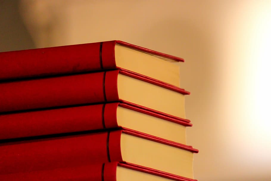 cinco libros rojos, libros, pila, rojo, biblioteca, educación, estudio, literatura, conocimiento, universidad