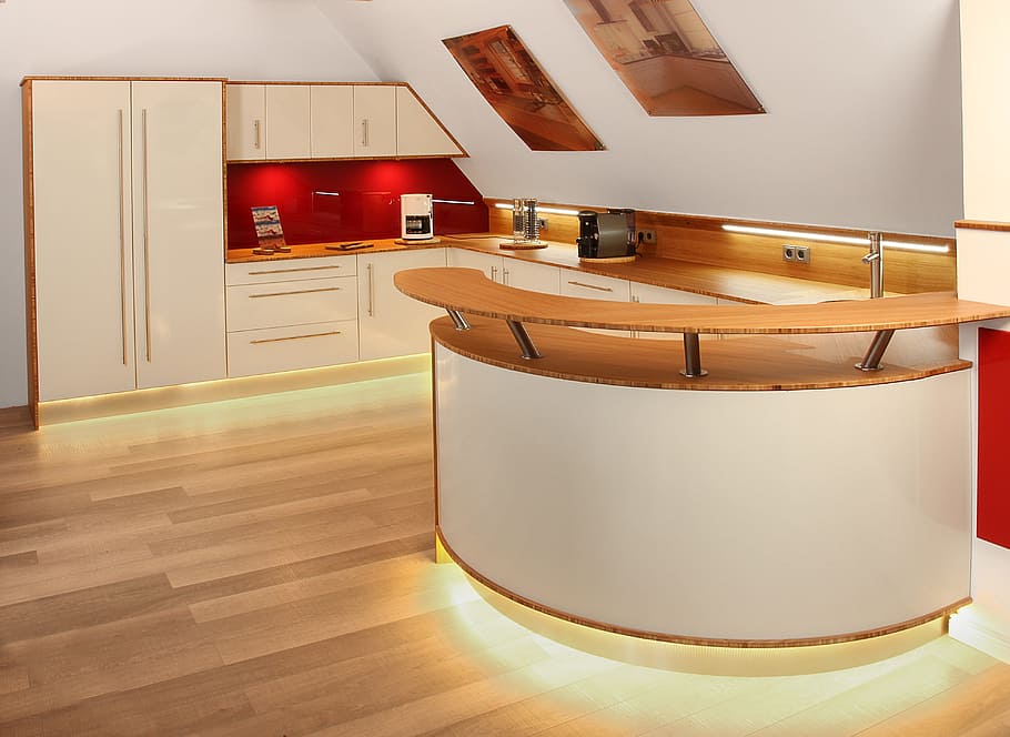 brown, white, bar counter, inside, room, kitchen, modern, illuminated, kitchen countertop, interior design