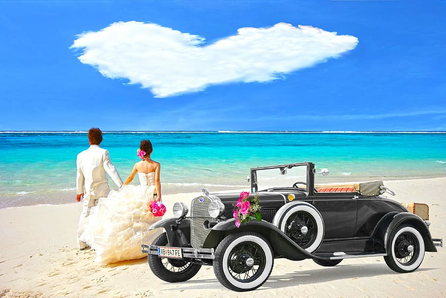 bride, groom, black, car, beach photography, Oldtimer, Bride And Groom, clouds of heart, honeymoon, bridal cars