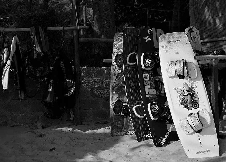 Black And White, Beach, Kite, Boards, kite boards, kite surfing, day, indoors, large group of objects, abandoned