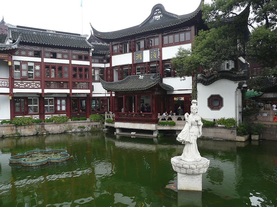 white, concrete, statue, green, body, water, shanghai, asia, old town, china